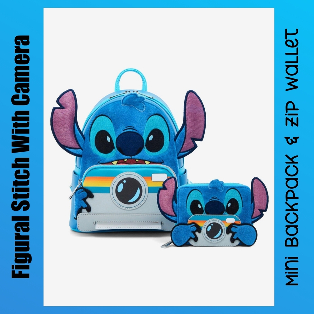 LOUNGEFLY Disney Lilo & Stitch Figural with Camera Mini Backpack and Zip Wallet
